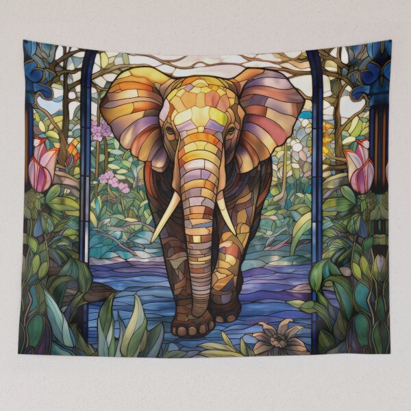 Item preview, Elephant in a Colorful Jungle Stained Glass Window Design designed and sold by pinkal.