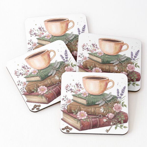 Item preview, Dragonfly on Vintage Book Stack with Coffee Watercolor designed and sold by sanorastyle.