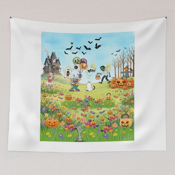 Item preview, Spooky Halloween Meadow Watercolor Illustration – Haunted House, Ghosts, and Monsters Landscape designed and sold by VibranPalette.