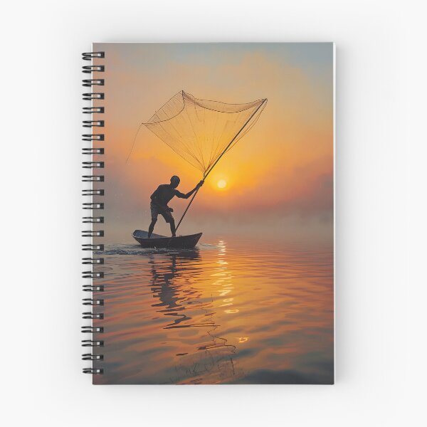 Item preview, Sunrise Fisherman Casting Net on Calm Lake designed and sold by SavannaCanvas.