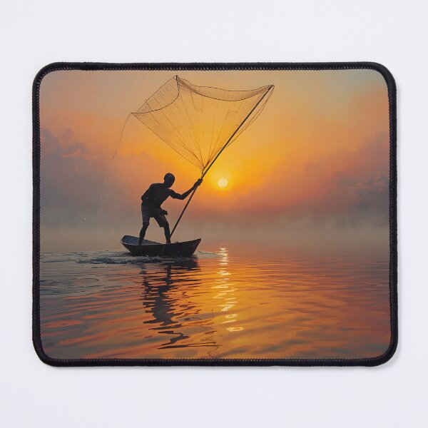Item preview, Sunrise Fisherman Casting Net on Calm Lake designed and sold by SavannaCanvas.
