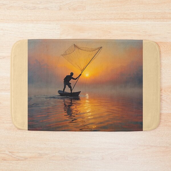 Item preview, Sunrise Fisherman Casting Net on Calm Lake designed and sold by SavannaCanvas.
