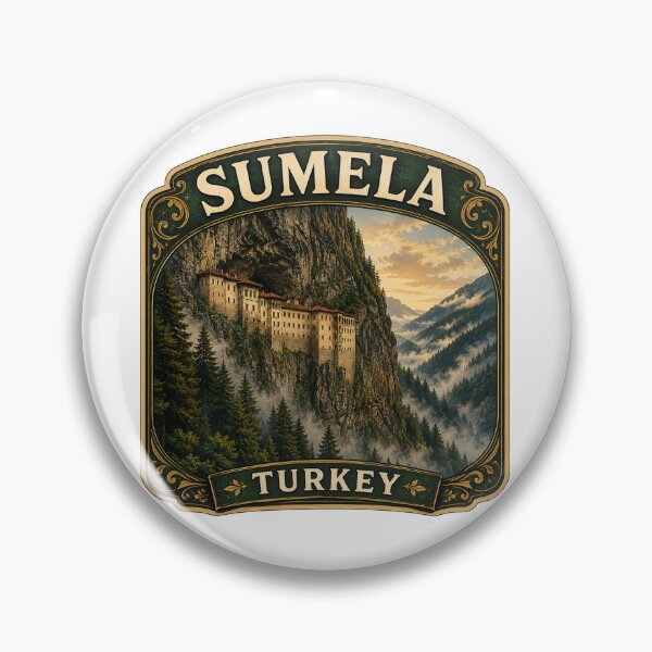 Artikelvorschau, Vintage-Reiseabzeichen vom Kloster Sumela | Aufkleber vom Klippenkloster in Trabzon, Türkei entworfen und verkauft von DreamPaw Studio.