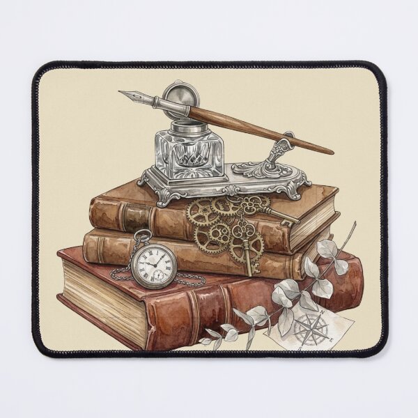 Item preview, Steampunk Vintage Book Stack and Fountain Pen Watercolor designed and sold by sanorastyle.