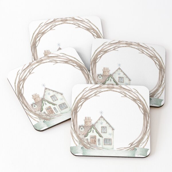 Item preview, Christmas Cottage Wreath Watercolor Illustration | Holiday Frame PNG | Winter House Clipart | Rustic Christmas Decor designed and sold by White Rabbit Design .