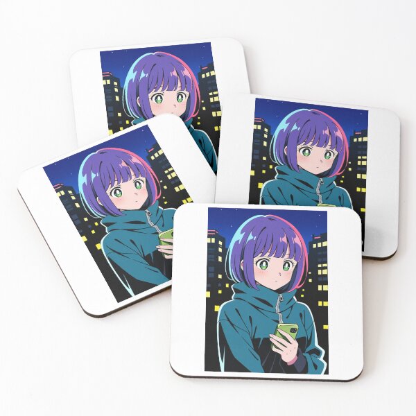 Item preview, Urban Night Scene - Young woman with purple hair and green phone designed and sold by AnimeShin.