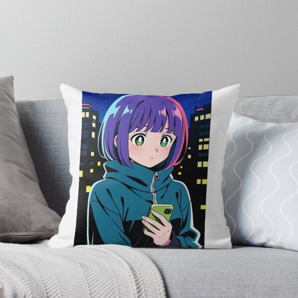 Item preview, Urban Night Scene - Young woman with purple hair and green phone designed and sold by AnimeShin.