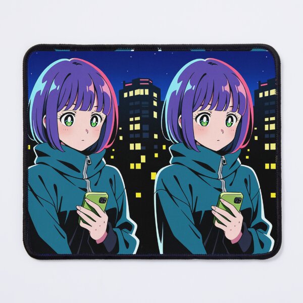 Item preview, Urban Night Scene - Young woman with purple hair and green phone designed and sold by AnimeShin.