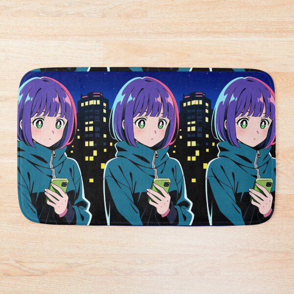 Item preview, Urban Night Scene - Young woman with purple hair and green phone designed and sold by AnimeShin.