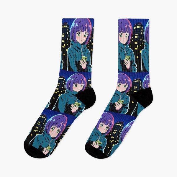 Item preview, Urban Night Scene - Young woman with purple hair and green phone designed and sold by AnimeShin.
