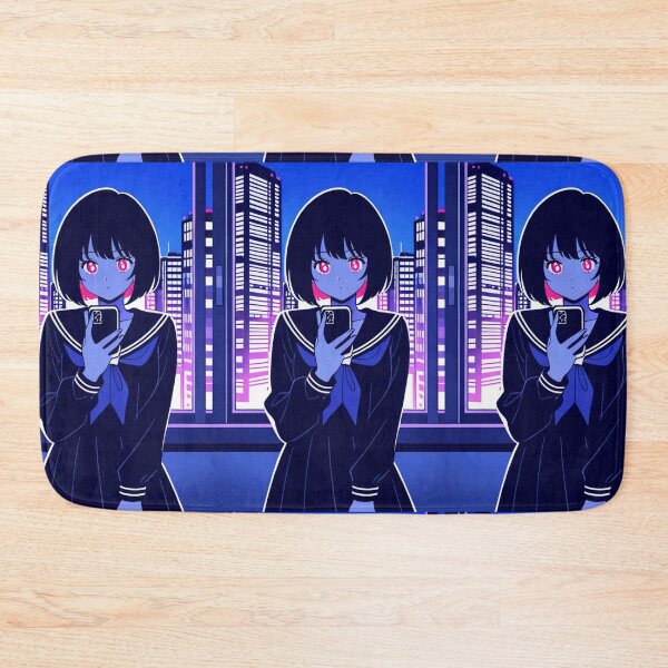 Item preview, Urban Scene - Young woman with neon eyes holding smartphone designed and sold by AnimeShin.