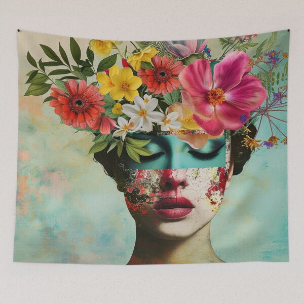 Item preview, Illustration of a woman portrait with fashion flowers on the head.  Vivid colors. A vintage style. designed and sold by Soft Oddity.