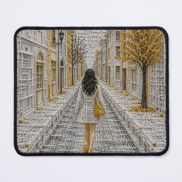 Item preview, Golden Wireframe City with Woman Walking  Surreal 3D Architectural Art Print designed and sold by Quite mind .