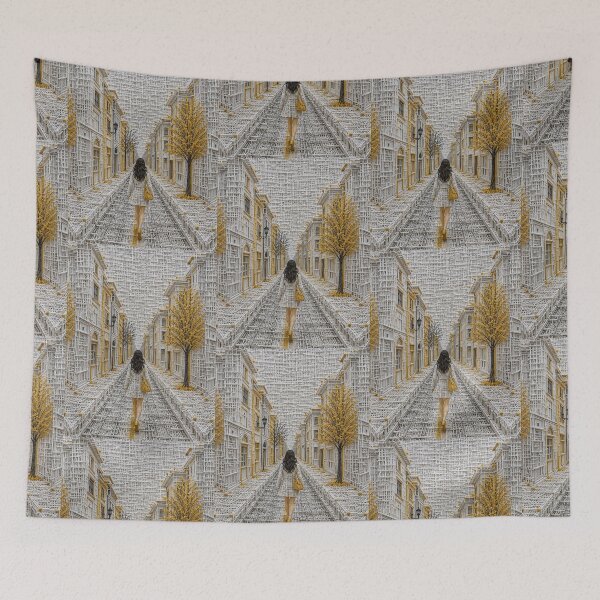 Item preview, Golden Wireframe City with Woman Walking  Surreal 3D Architectural Art Print designed and sold by Quite mind .