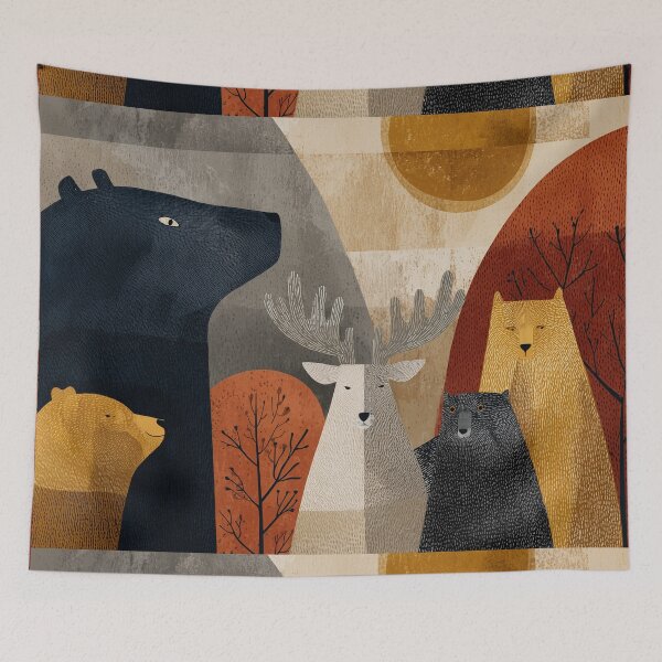 Item preview, Scandinavian Folk Art Woodland Animals Pattern | Nordic Forest Bear | Rustic Boho Nature Collage | Mid Century Modern Wall Art designed and sold by Babylone Art Design.