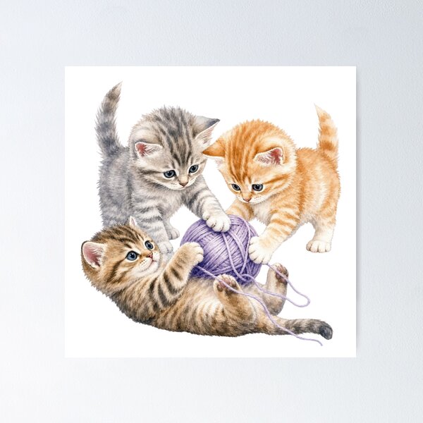 Item preview, Cute Kittens Playing with Yarn Watercolor - Watercolor Nursery Art designed and sold by PAPIRO SIGLO XXI.