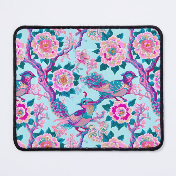 Item preview, Preppy naive chinoiserie birds, flowers and butterflies in hot pink and turquoise designed and sold by SophieClimaArt.