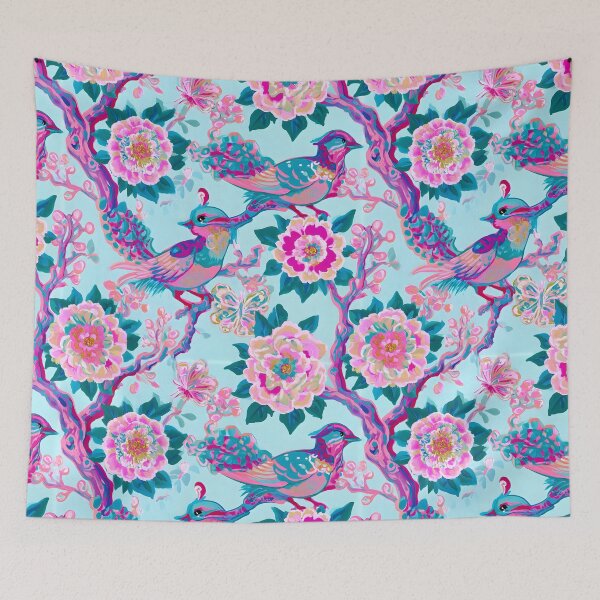 Item preview, Preppy naive chinoiserie birds, flowers and butterflies in hot pink and turquoise designed and sold by SophieClimaArt.