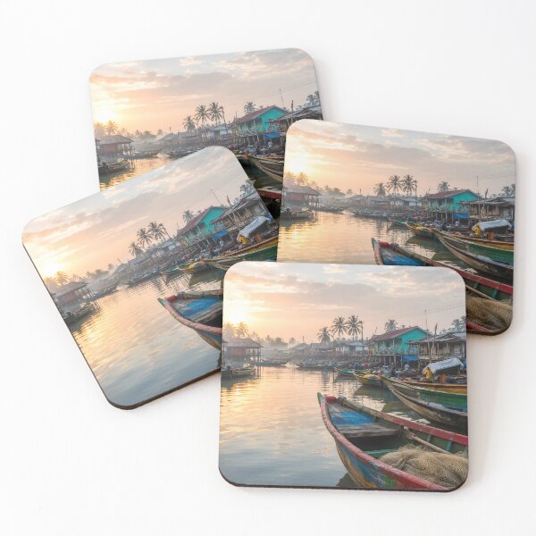 Item preview, Sunrise Fishing Boats on River designed and sold by SavannaCanvas.