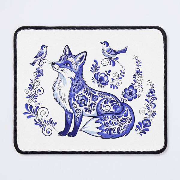 Item preview, Fox and birds with flowers. Blue pattern with curl and leafs designed and sold by LiluGross.