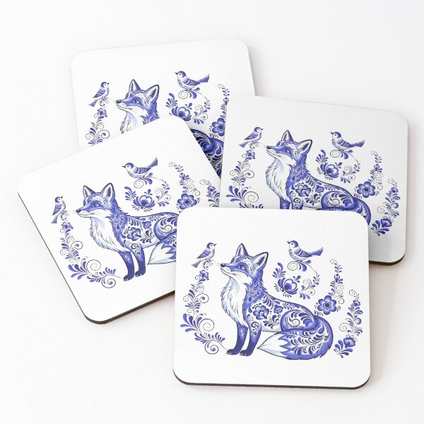 Item preview, Fox and birds with flowers. Blue pattern with curl and leafs designed and sold by LiluGross.