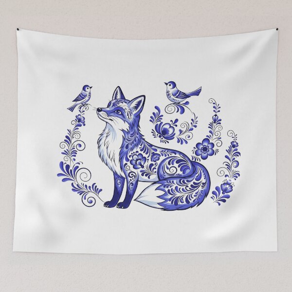 Item preview, Fox and birds with flowers. Blue pattern with curl and leafs designed and sold by LiluGross.
