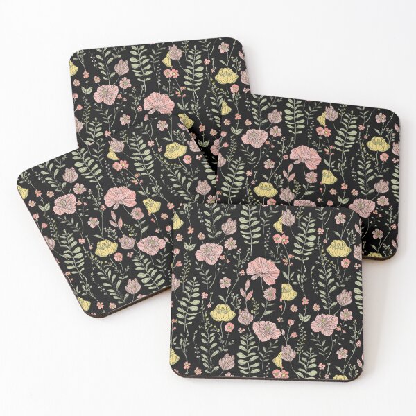Item preview, Vintage boho dusty pink botanicals floral wildflowers garden painting on black background spring flowers  designed and sold by navitalidesign.