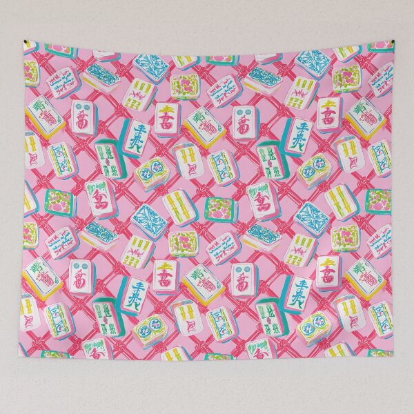 Item preview, Preppy mahjong tiles on pink chinoiserie lattice designed and sold by SophieClimaArt.
