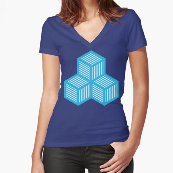 Geometric Pattern: Cube Stripe: Blue Fitted V-Neck T-Shirt