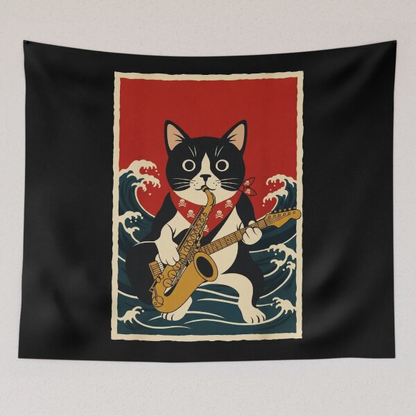 Item preview, Cool Tuxedo Cat Playing Saxophone in Retro Japanese Wave designed and sold by JordynLadukeg65.