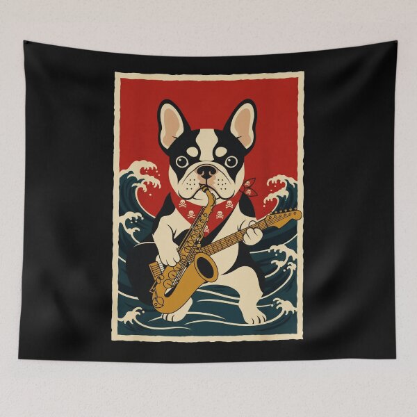 Item preview, French Bulldog Playing Saxophone and Guitar in Retro Wave designed and sold by JordynLadukeg65.
