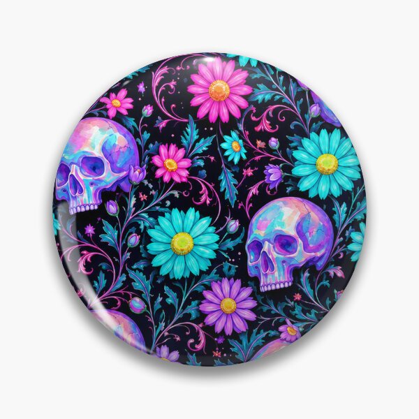 Item preview, Neon Goth Skulls and Daisies Floral Print designed and sold by BeJolley.