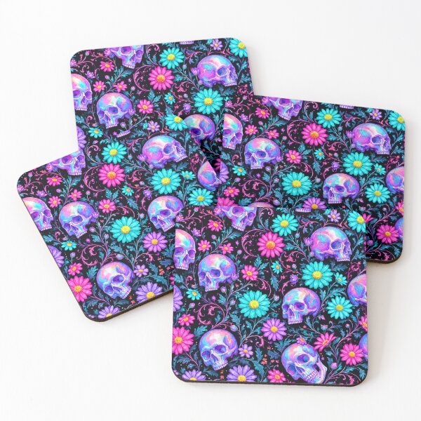 Item preview, Neon Goth Skulls and Daisies Floral Print designed and sold by BeJolley.