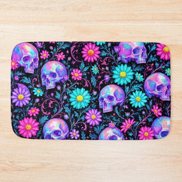 Item preview, Neon Goth Skulls and Daisies Floral Print designed and sold by BeJolley.