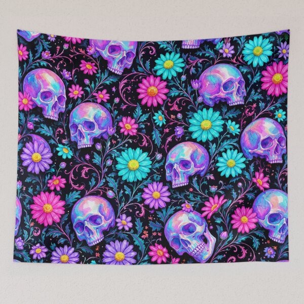 Item preview, Neon Goth Skulls and Daisies Floral Print designed and sold by BeJolley.