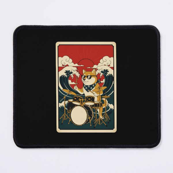 Item preview, Cool Shiba Inu Drummer Against Retro Ocean Wave Sunset designed and sold by JordynLadukeg65.