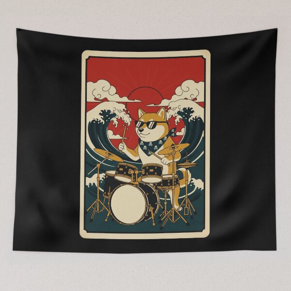 Item preview, Cool Shiba Inu Drummer Against Retro Ocean Wave Sunset designed and sold by JordynLadukeg65.