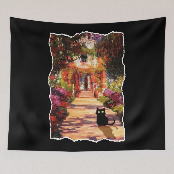 Item preview, Black Cat in a Sunlit Garden Path Watercolor Landscape designed and sold by JordynLadukeg65.