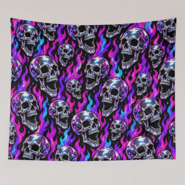 Item preview, Punk Chrome Skulls and Neon Flames Pattern designed and sold by BeJolley.