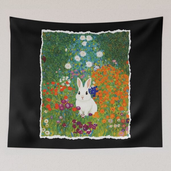 Item preview, White Bunny Resting Among Colorful Wildflowers in Cottage Garden designed and sold by JordynLadukeg65.