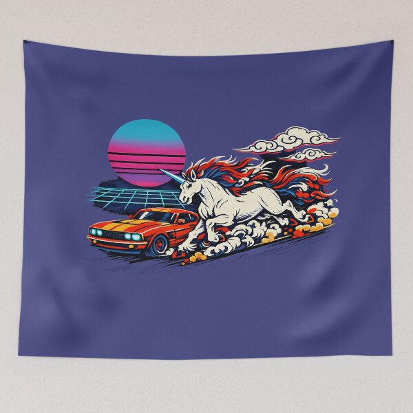 Item preview, Neon Retro Synthwave Ukiyo‑E Unicorn vs Mustang designed and sold by KungPowUnicorn.