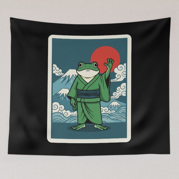 Item preview, Cute Frog in Traditional Robe Against Mountain Sunset Scene designed and sold by JordynLadukeg65.
