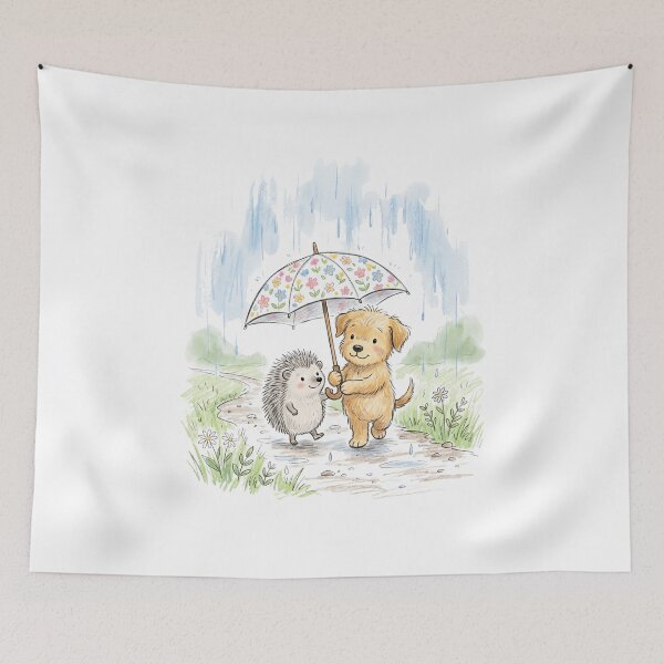 Item preview, Cute Dog Sharing Umbrella with Hedgehog - Rainy Day Friendship designed and sold by TaiwanMemory.