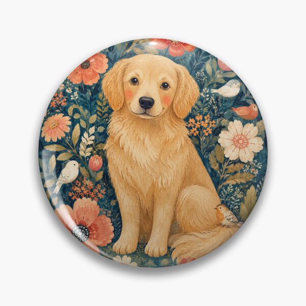 Item preview, Golden Retriever Folk Art Print | Whimsical Dog Garden Portrait Birds Flowers | Storybook Illustration Wall Decor designed and sold by Panom Suavichien.