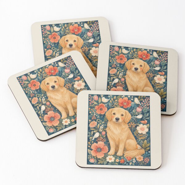 Item preview, Golden Retriever Folk Art Print | Whimsical Dog Garden Portrait Birds Flowers | Storybook Illustration Wall Decor designed and sold by Panom Suavichien.