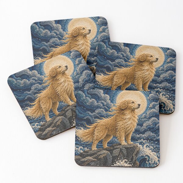 Item preview, Golden Retriever Punch Needle Art Print | Majestic Dog Ocean Waves Moon | Japanese Textile Fiber Wall Decor designed and sold by Panom Suavichien.
