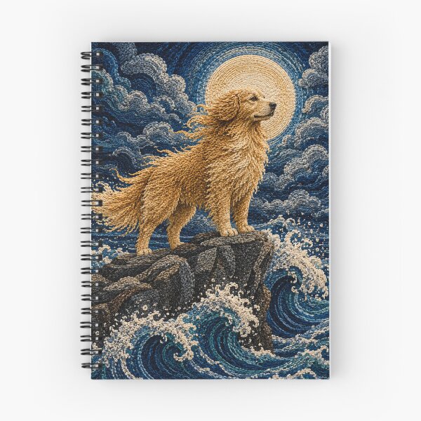 Item preview, Golden Retriever Punch Needle Art Print | Majestic Dog Ocean Waves Moon | Japanese Textile Fiber Wall Decor designed and sold by Panom Suavichien.