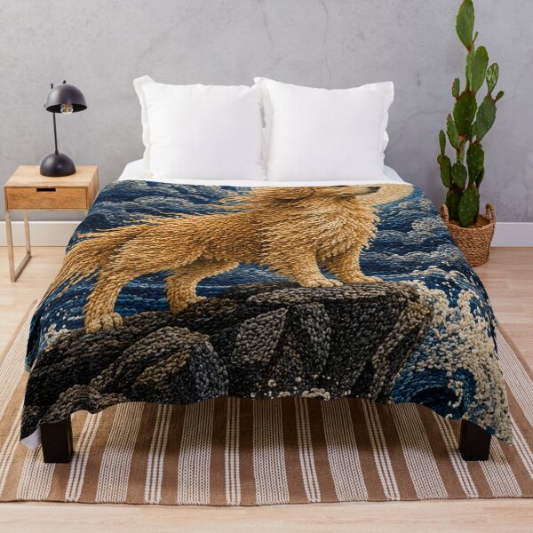 Item preview, Golden Retriever Punch Needle Art Print | Majestic Dog Ocean Waves Moon | Japanese Textile Fiber Wall Decor designed and sold by Panom Suavichien.