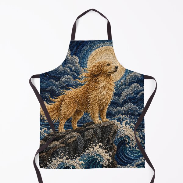 Item preview, Golden Retriever Punch Needle Art Print | Majestic Dog Ocean Waves Moon | Japanese Textile Fiber Wall Decor designed and sold by Panom Suavichien.