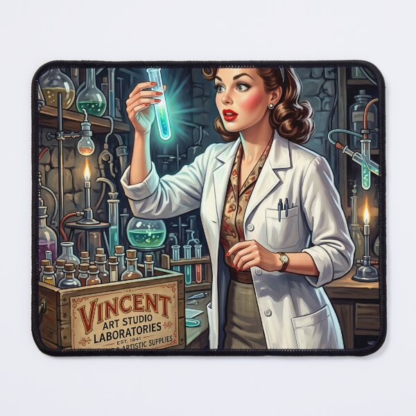 Item preview, Vintage Retro Woman Scientist Pin-Up Art Print designed and sold by Vincent-68.